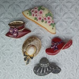 Vintage Lot Of 5 Women's Hat Brooches  Red, Gold, Silver